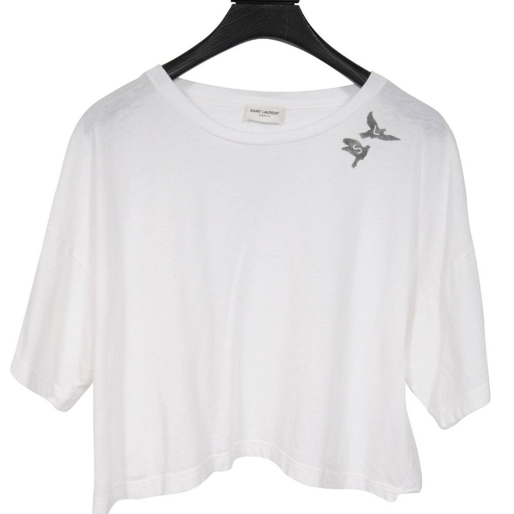 Saint Laurent SL Logo Birds Cropped T Shirt Top Extra Large White Cotton